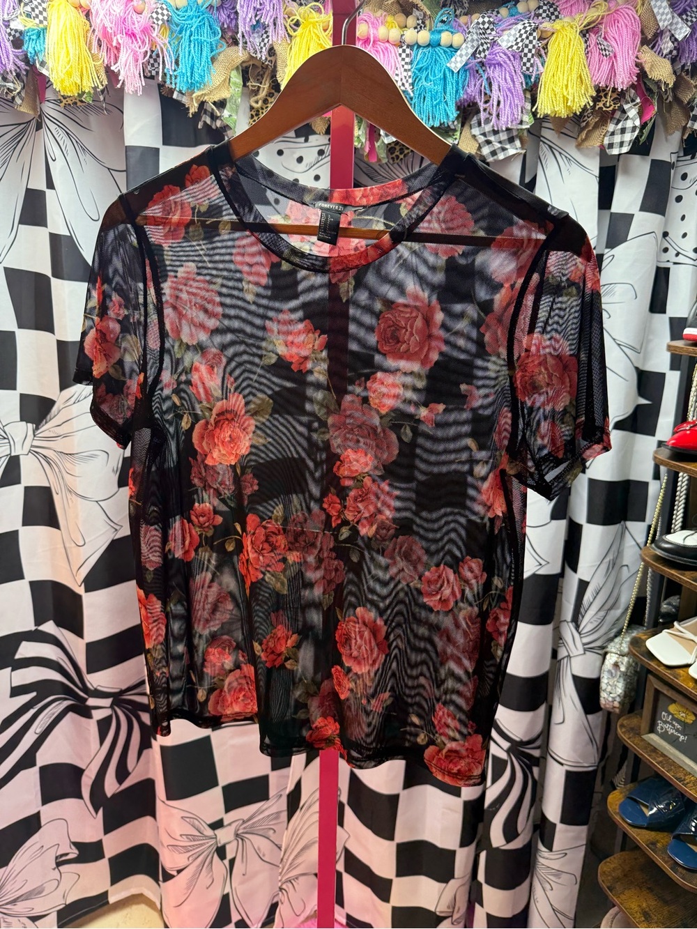 F21 Sheer Black Floral Mesh Tee with Red Rose Print